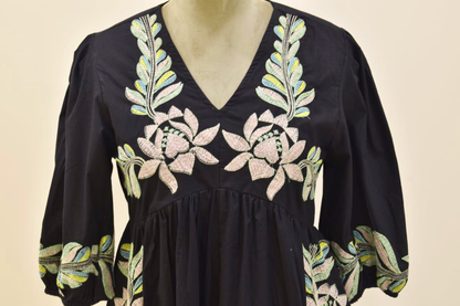 Black Floral Pattern Embroidery Cotton Dress