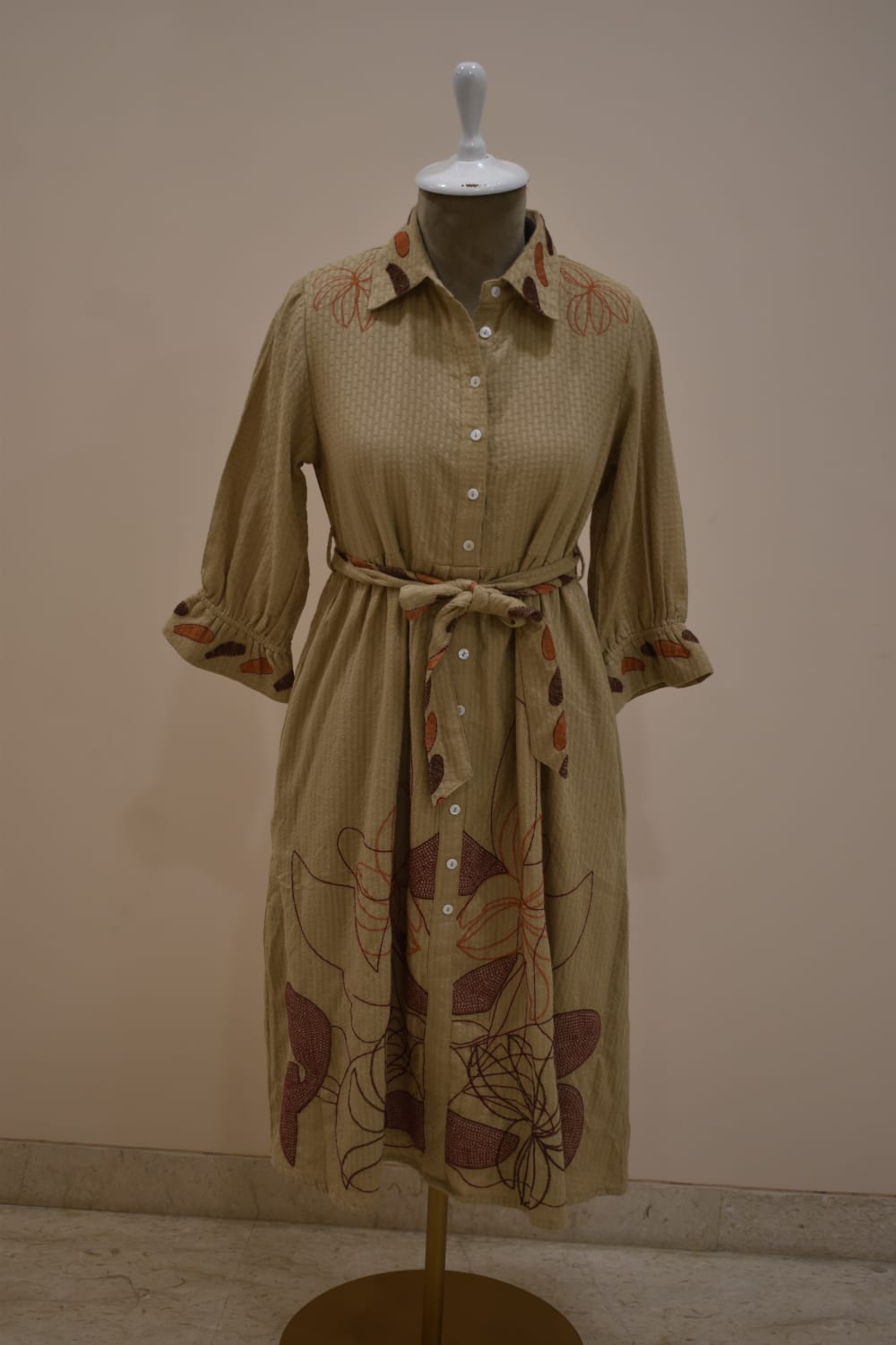 Mud Brown Floral Pattern Embroidery Cotton Dress