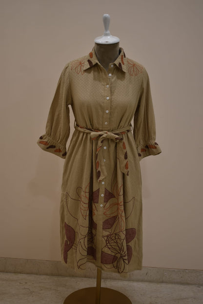 Mud Brown Floral Pattern Embroidery Cotton Dress