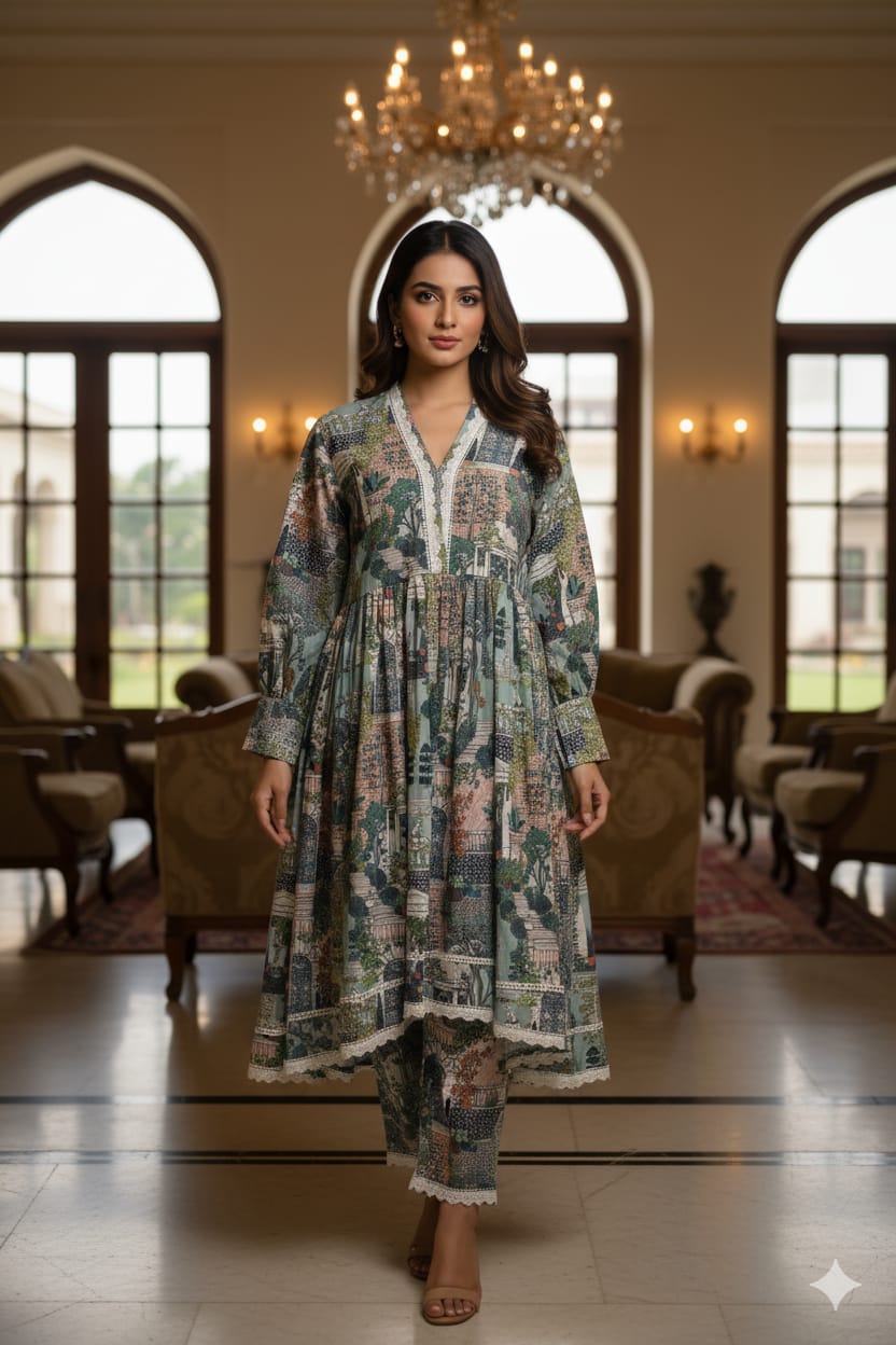 Elegant Multi-Color Printed Cotton Cord Set with Lace Detailing