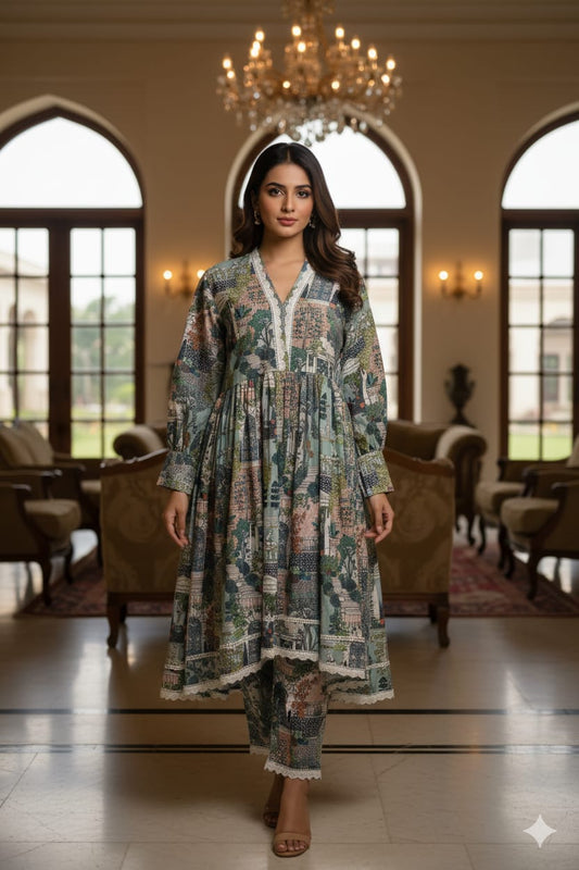 Elegant Multi-Color Printed Cotton Cord Set with Lace Detailing