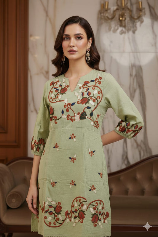 Pista Green Floral Pattern Embroidery Cotton Dress