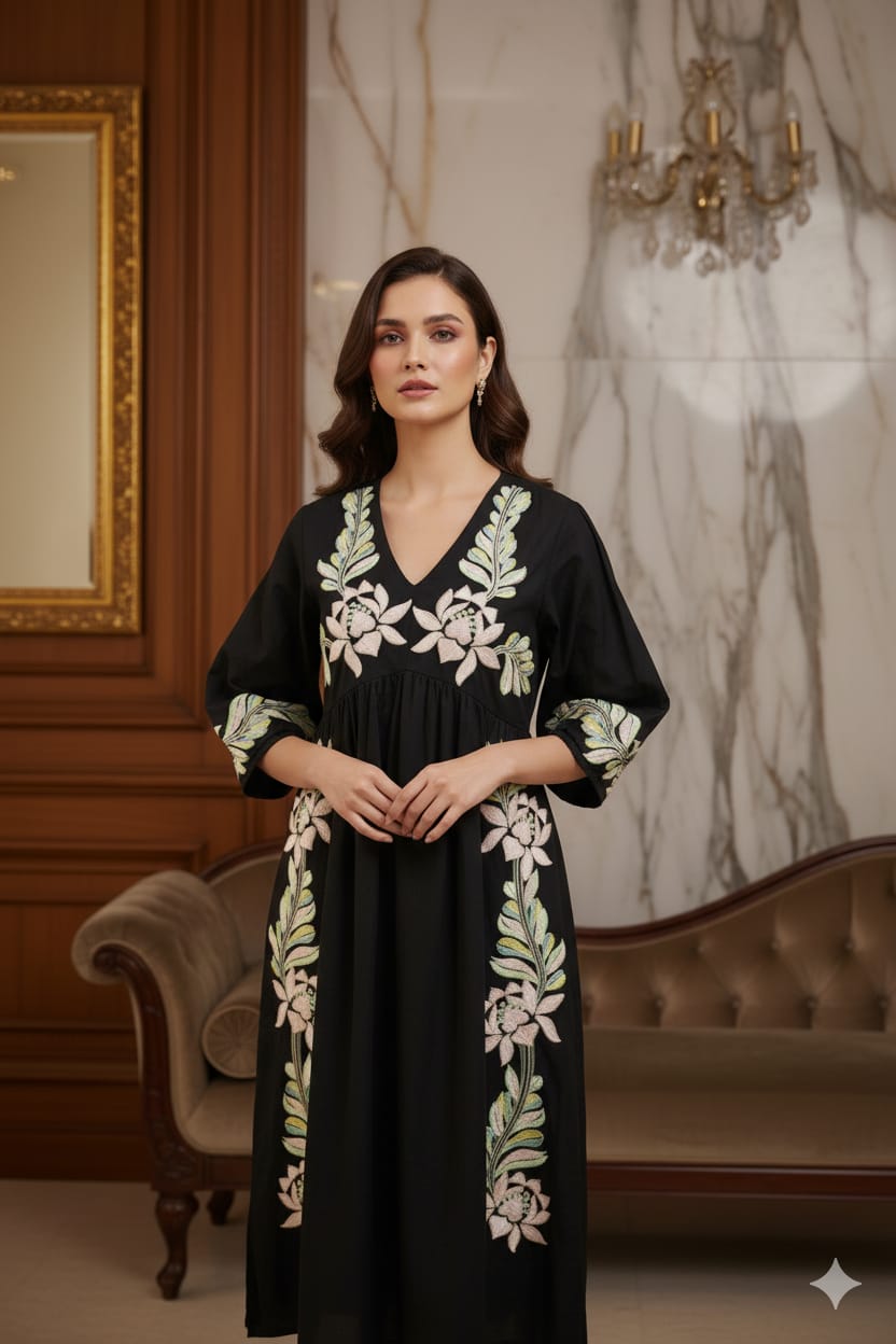 Black Floral Pattern Embroidery Cotton Dress