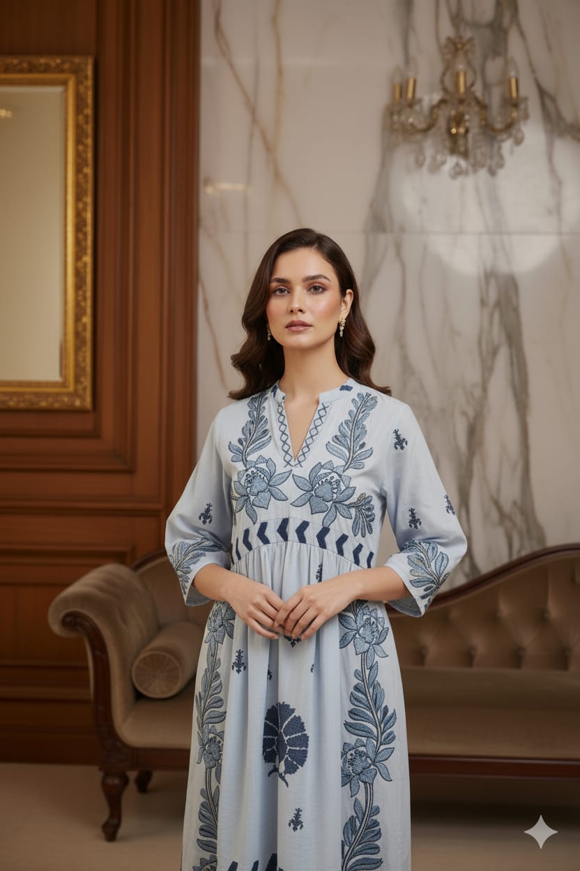 Baby Blue Floral Embroidery Cotton Dress