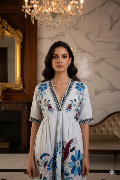 Light Blue Floral Pattern Embroidery Cotton Dress