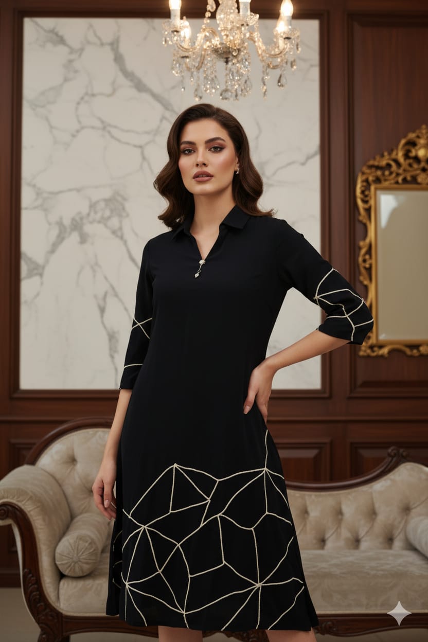 Black Floral Pattern Embroidery Viscose Dress