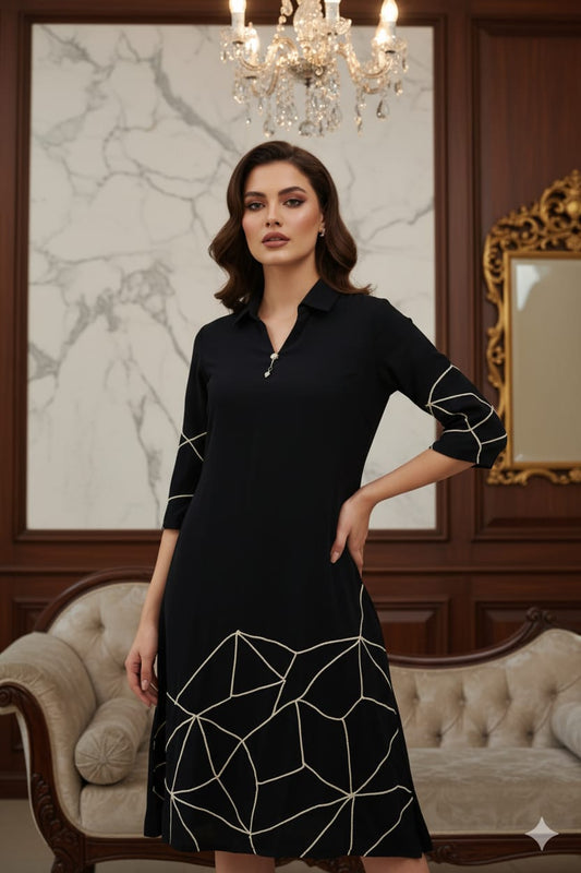 Black Floral Pattern Embroidery Viscose Dress