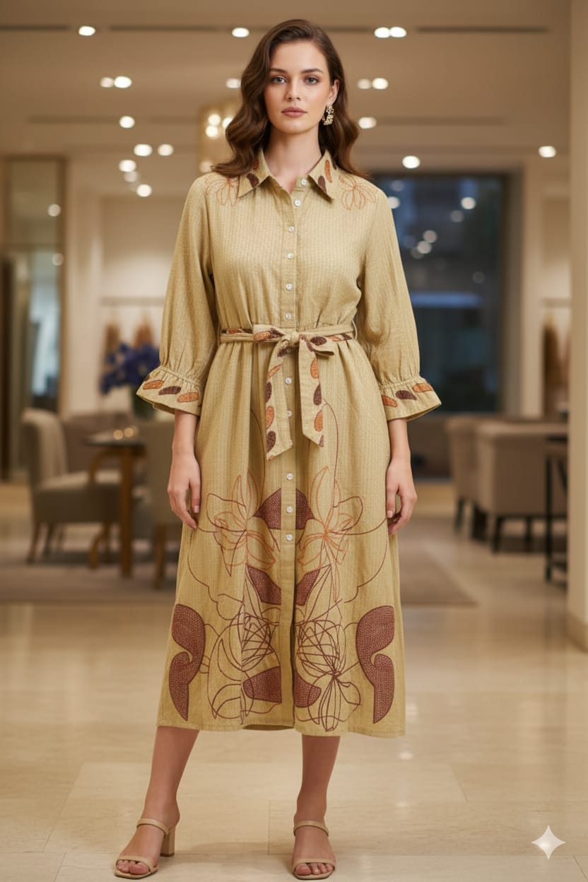 Mud Brown Floral Pattern Embroidery Cotton Dress