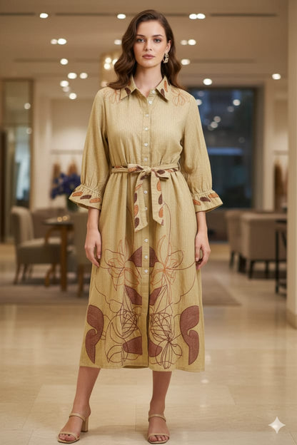 Mud Brown Floral Pattern Embroidery Cotton Dress