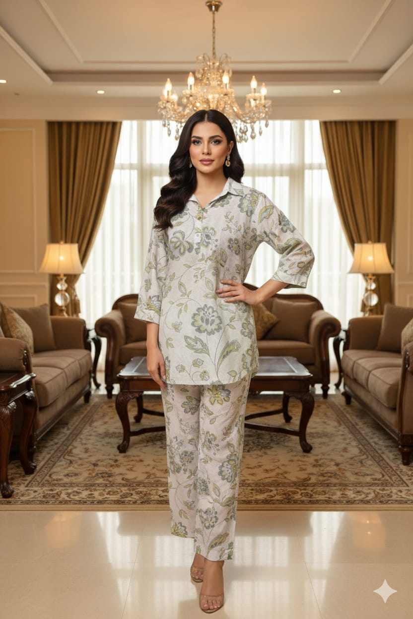 White Floral Print Cotton Co-Ord Set