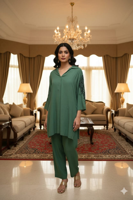 Dark Green Plain Cotton Co-Ord Set