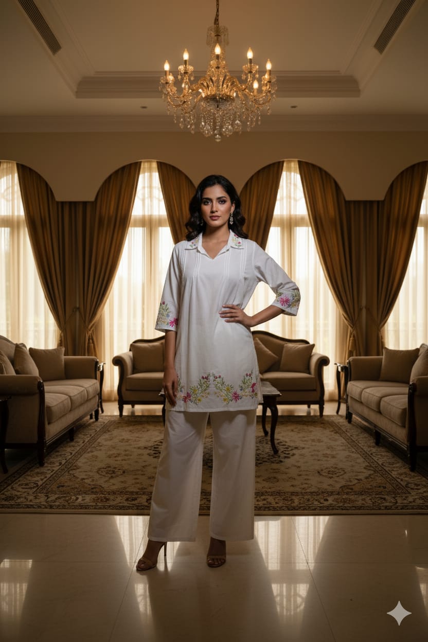 White Floral Print Cotton Embroidery Co-Ord Set