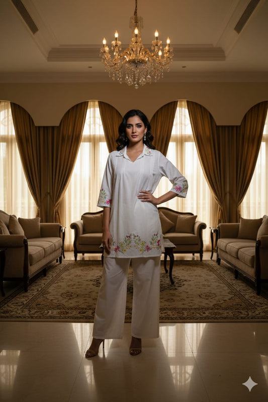 White Floral Print Cotton Embroidery Co-Ord Set