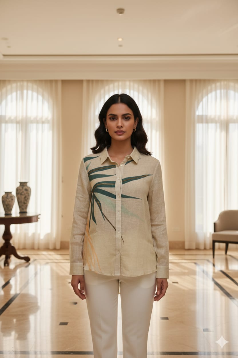 Beige Pure Linen Shirt with Abstract Leaf Print and Metallic Detailing