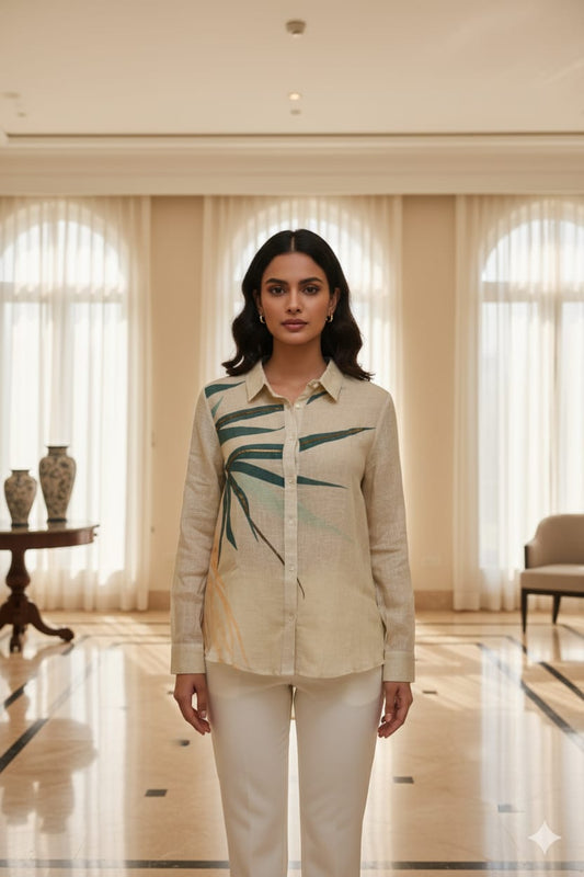 Beige Pure Linen Shirt with Abstract Leaf Print and Metallic Detailing