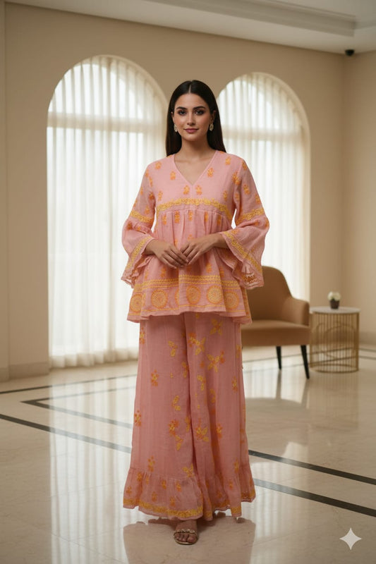 Peach Pink Floral Thread Embroidered Pure Linen Peplum With Sharara Without Dupatta