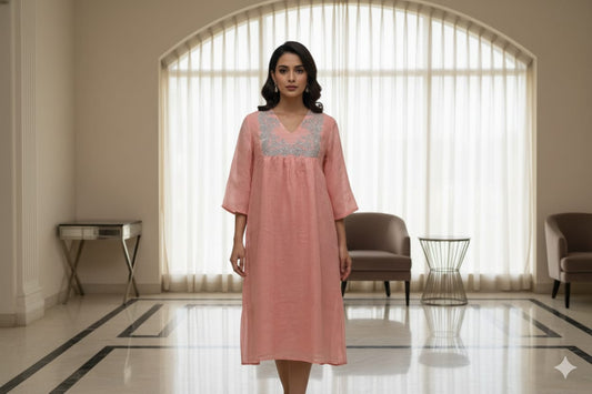 Peach Pink Pure Linen Dress with Silver Thread Embroidery