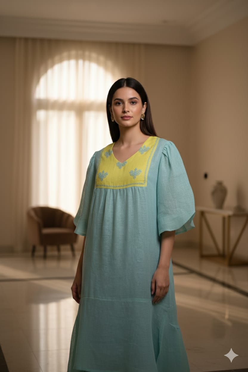 Sea Green and Yellow Pure Linen Flared Dress with Embroidered Yoke