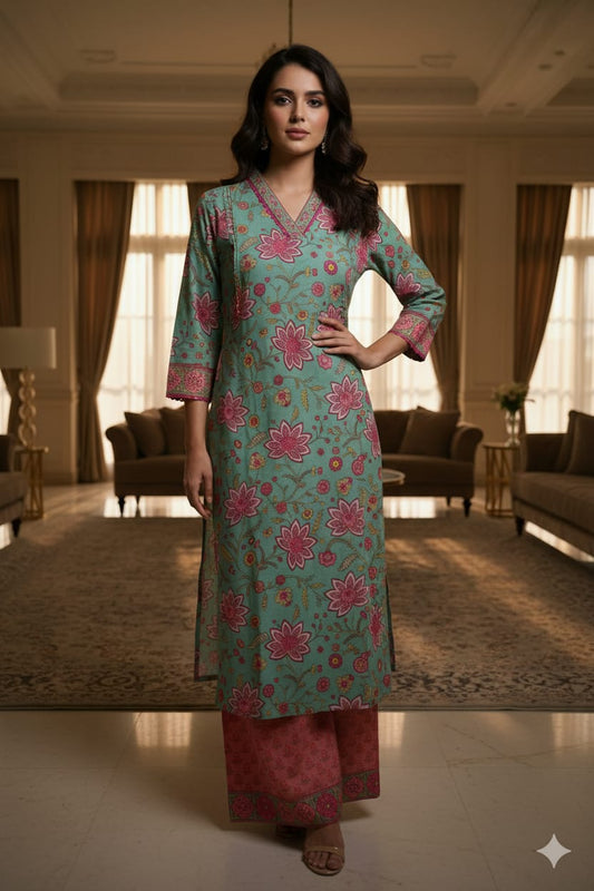 Teal & Pink Floral Print Cotton Co-ord Set