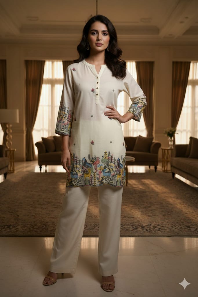 Off White Embroidery Work Cotton Co-Ord Set