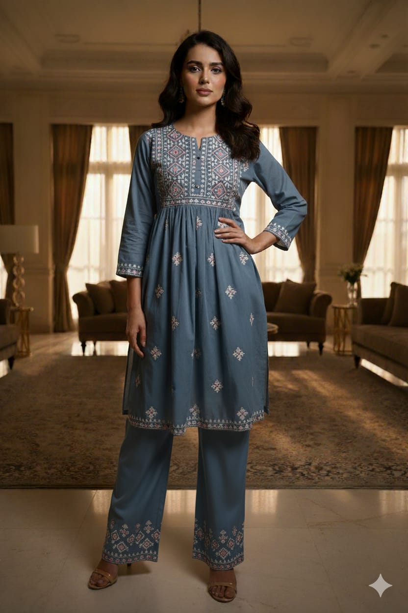 Blue Embroidery Work Cotton Co-Ord Set