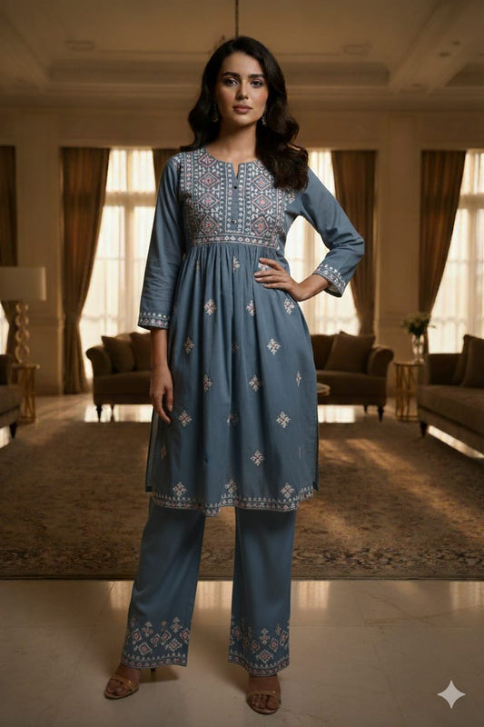 Blue Embroidery Work Cotton Co-Ord Set