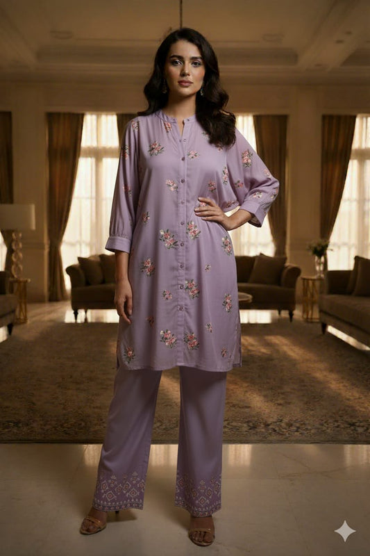 Lavender Embroidery Work Cotton Co - Ord Set