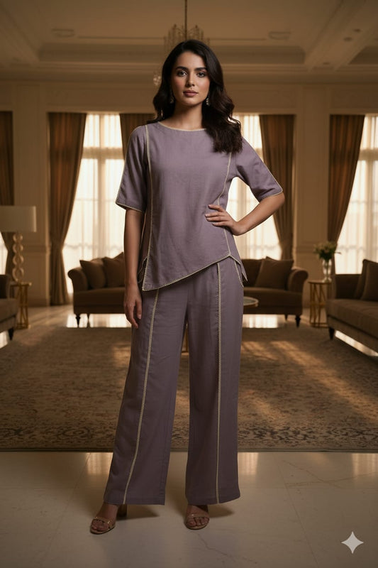 Lavender Lace Plain Cotton Co-Ord Set