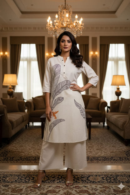 White Leaf Print Cotton Co-Ord Set