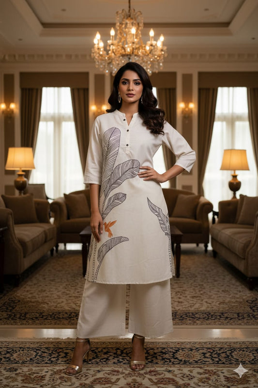 White Leaf Print Cotton Co-Ord Set