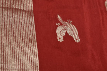 Graceful Red Silk Saree With Golden Bird & Stripe Zari Detailing