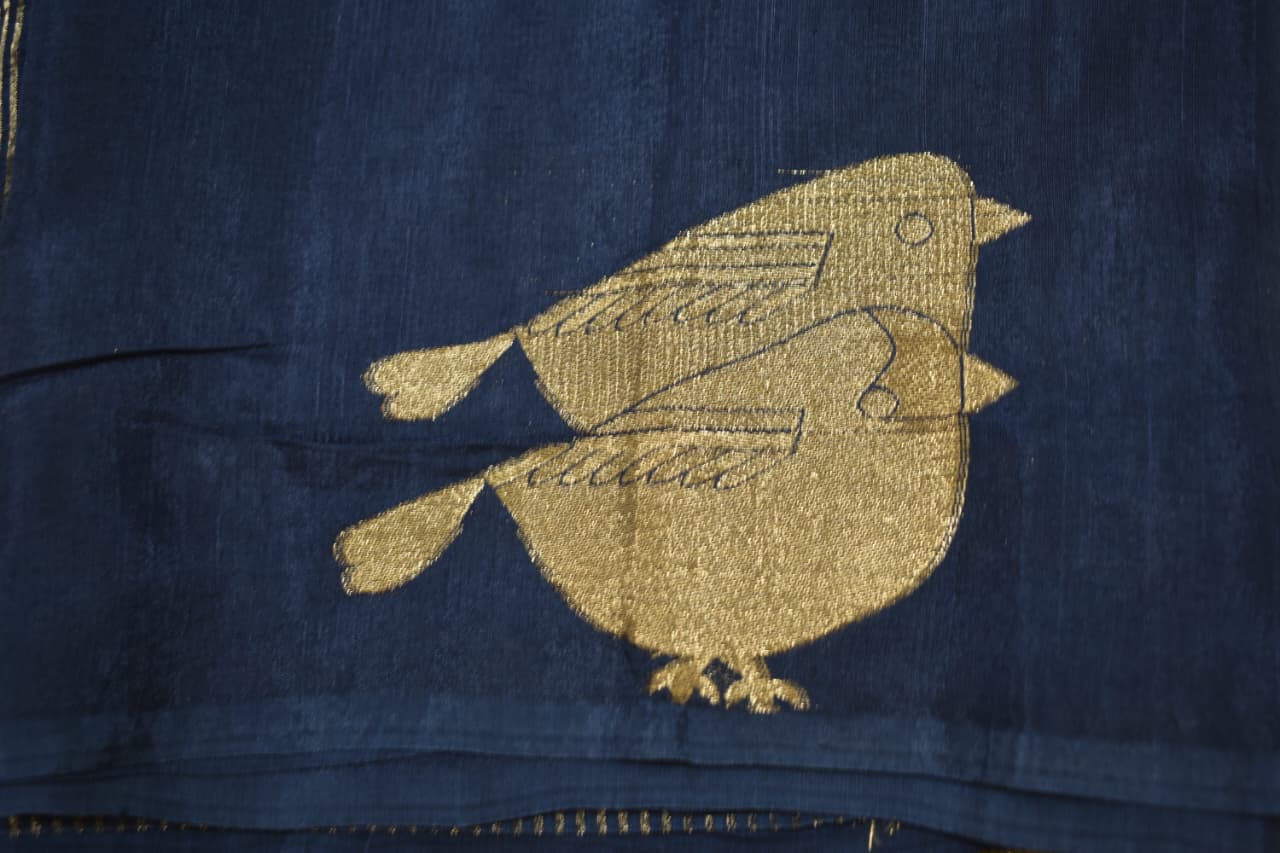 Elegant Navy Blue Saree With Golden Print  Birds