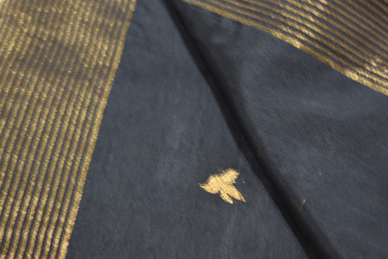 Elegant Navy Blue Saree With Golden Print  Birds