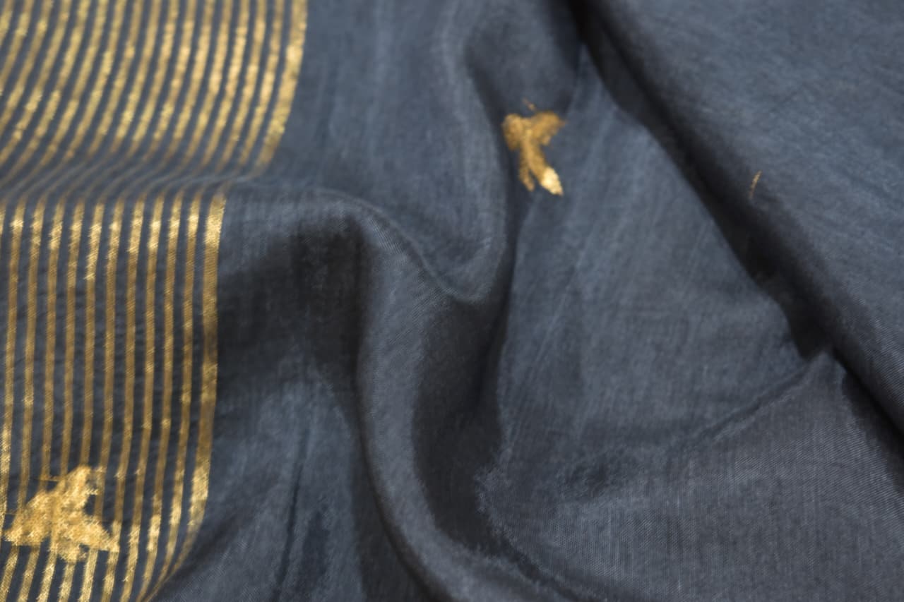 Elegant Navy Blue Saree With Golden Print  Birds