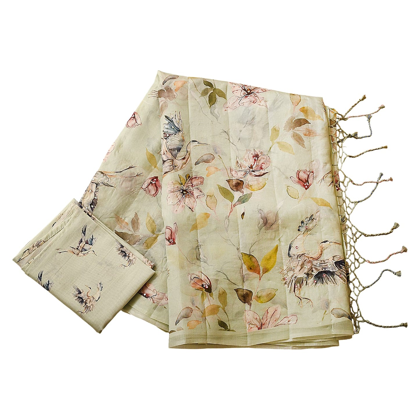 Beige Digital Floral Print With Embroidery Organza Saree