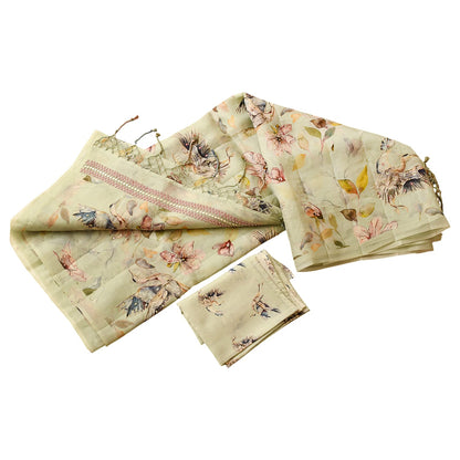 Beige Digital Floral Print With Embroidery Organza Saree