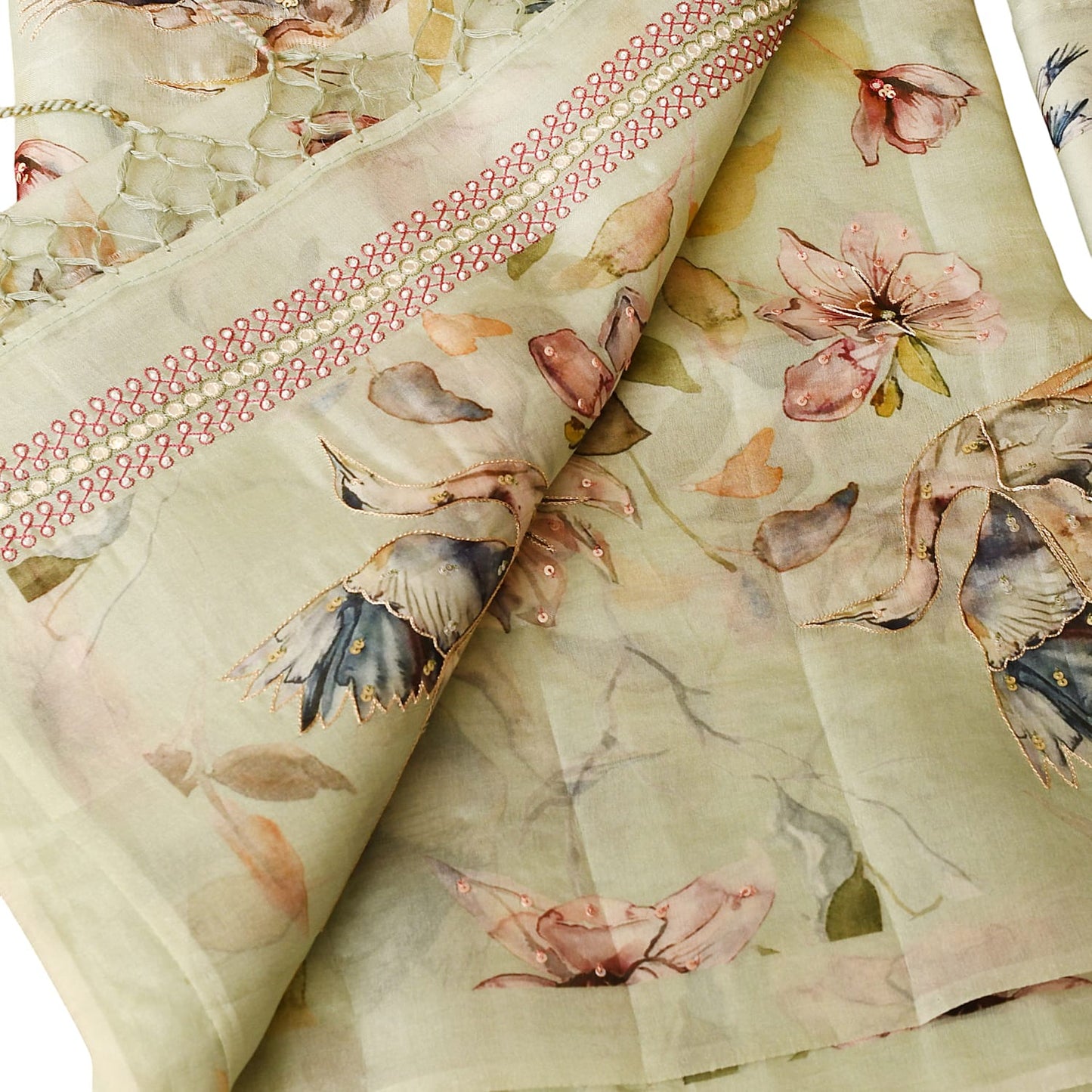 Beige Digital Floral Print With Embroidery Organza Saree