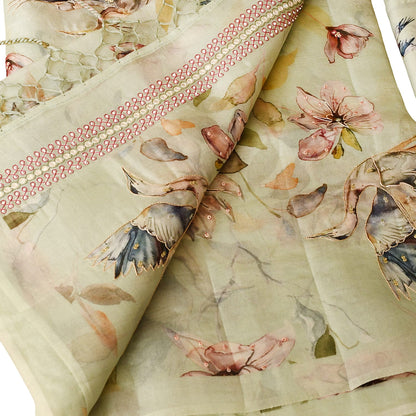 Beige Digital Floral Print With Embroidery Organza Saree