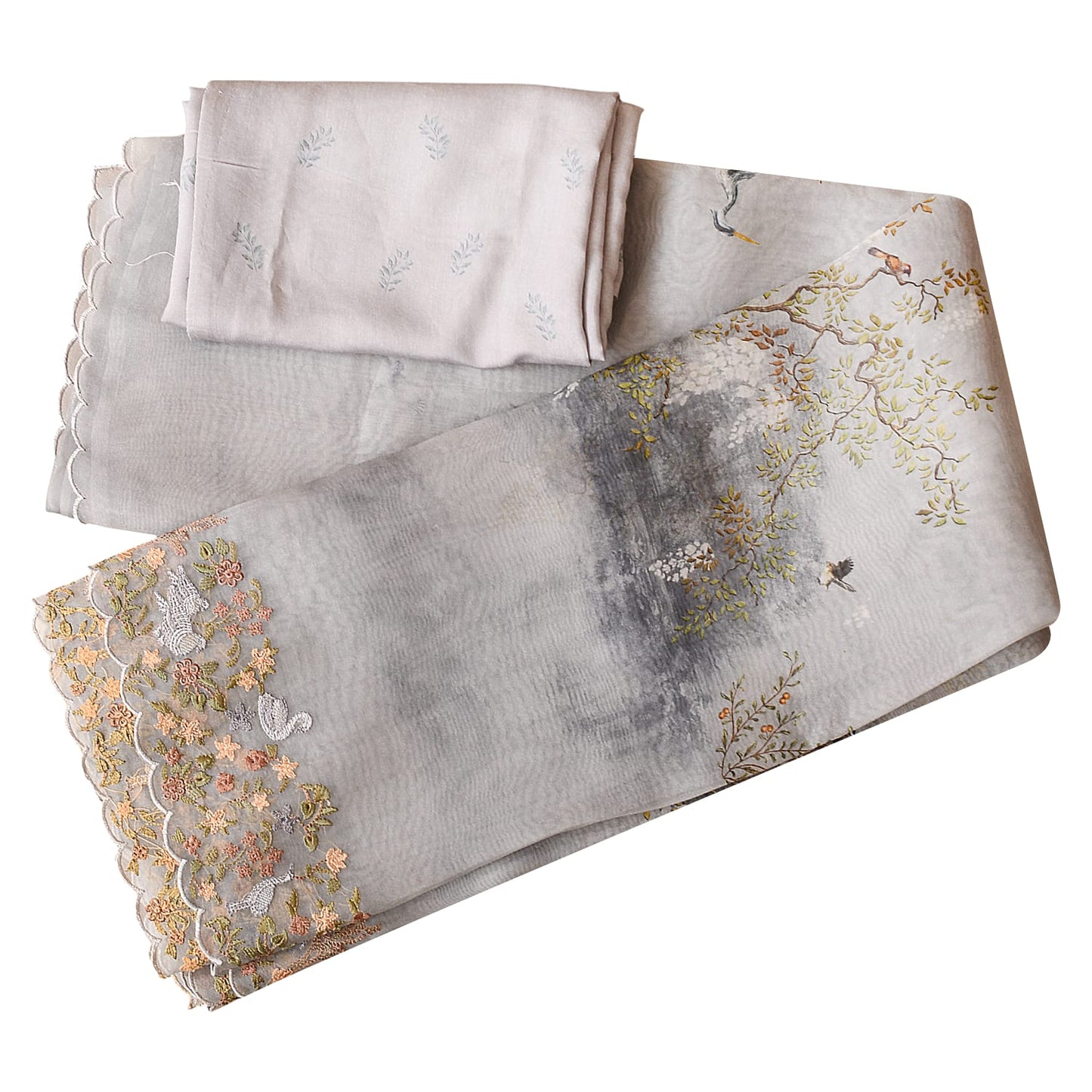Gray Floral Digital Print Embroidery Silk Organza Saree