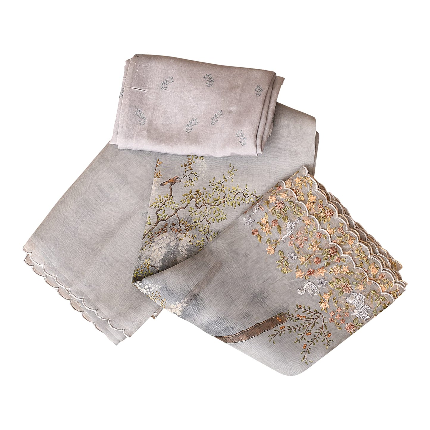 Gray Floral Digital Print Embroidery Silk Organza Saree