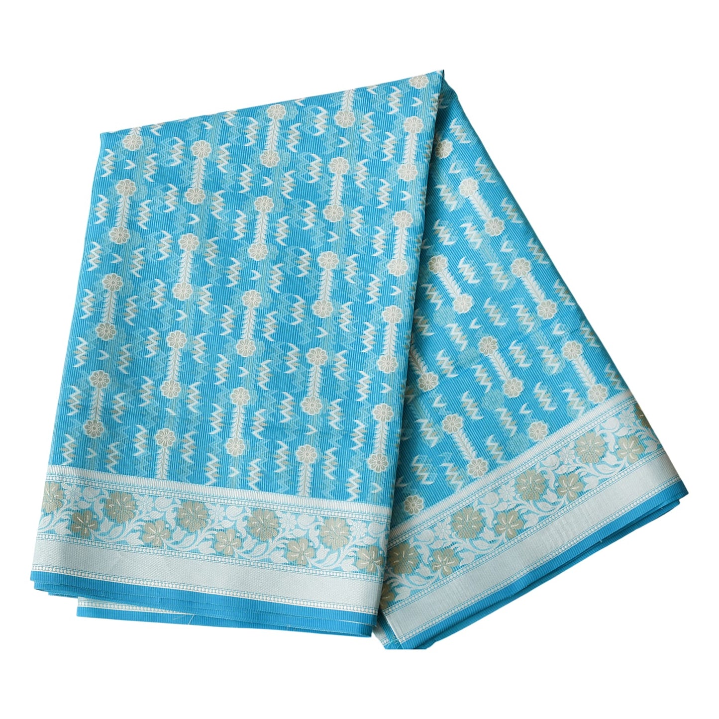 Sky Blue Floral Digital Print Banarasi Kota Doria Cotton Saree