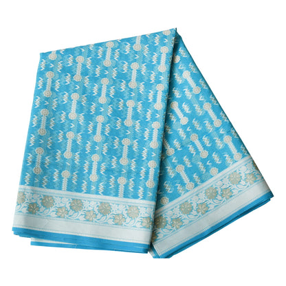 Sky Blue Floral Digital Print Banarasi Kota Doria Cotton Saree