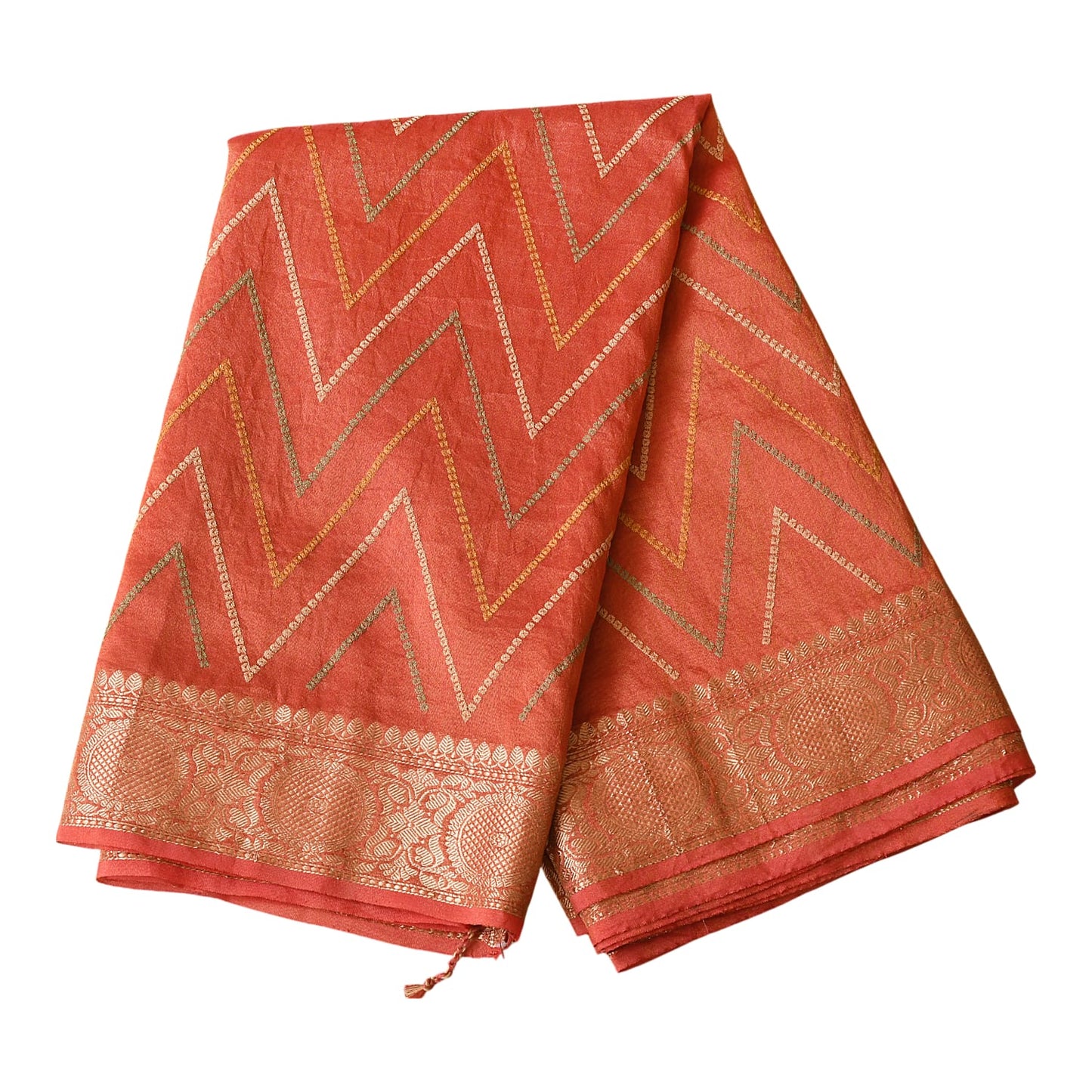 Red Chevron Digital Print With Zari Work Silk Saree