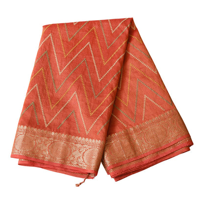 Red Chevron Digital Print With Zari Work Silk Saree