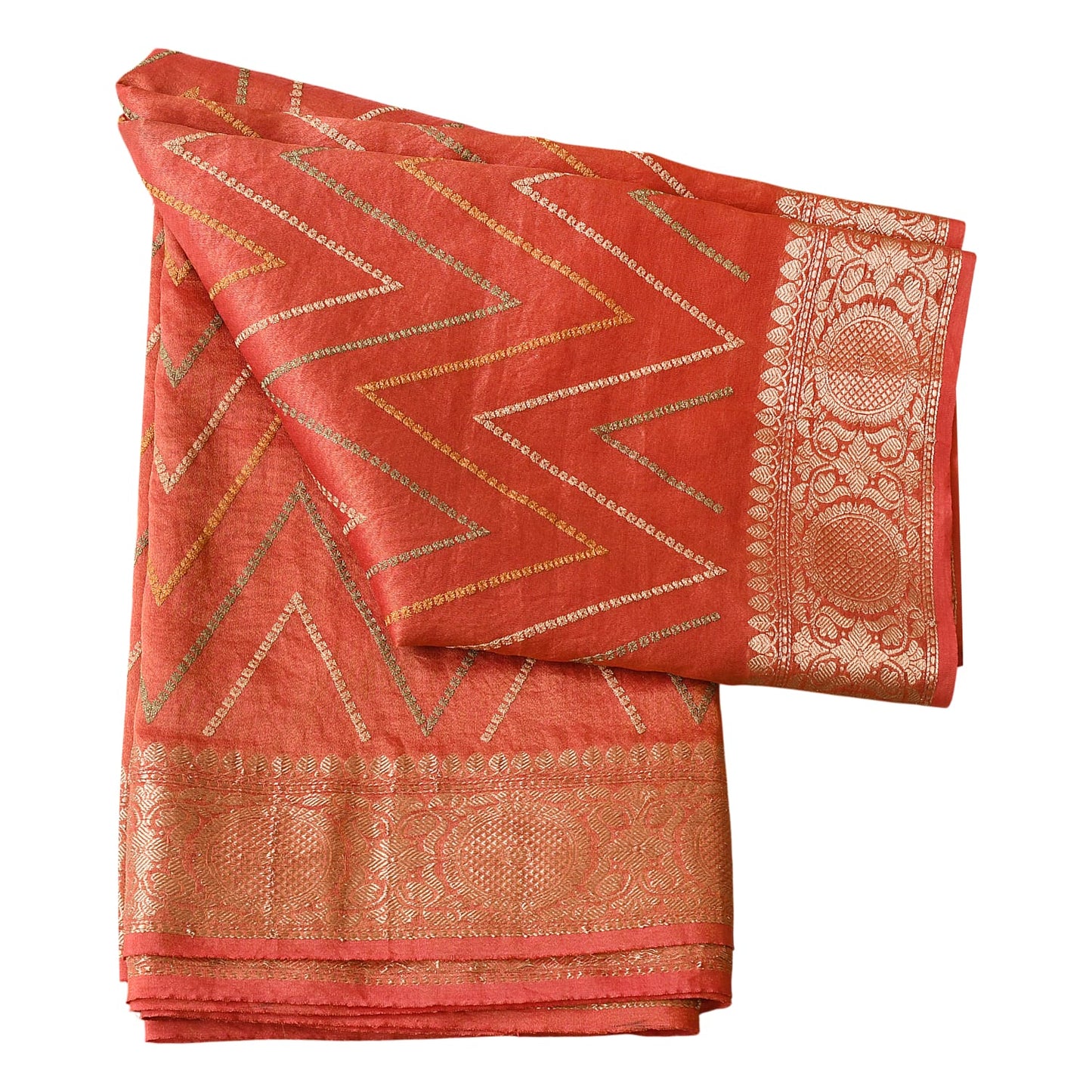 Red Chevron Digital Print With Zari Work Silk Saree