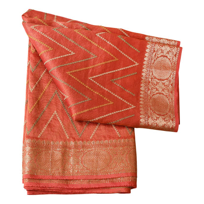 Red Chevron Digital Print With Zari Work Silk Saree