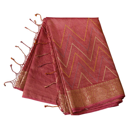 Wine Chevron Digital Print With Zari Work Silk Saree