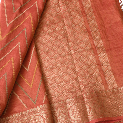 Red Chevron Digital Print With Zari Work Silk Saree
