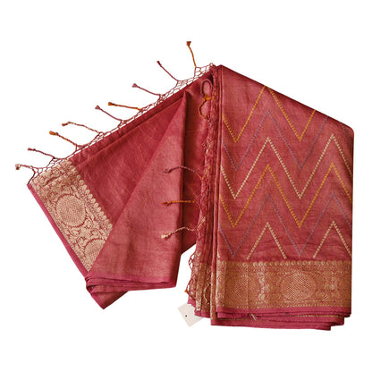 Wine Chevron Digital Print With Zari Work Silk Saree