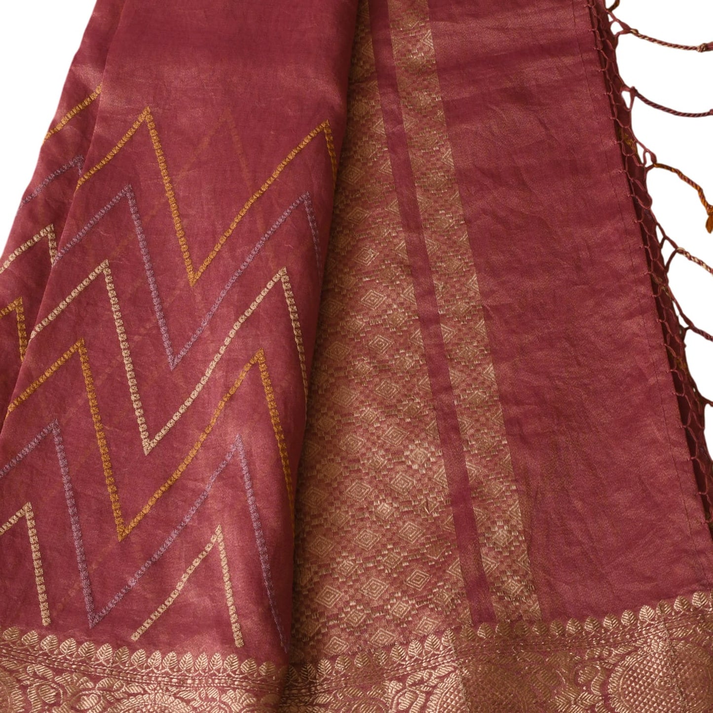 Wine Chevron Digital Print With Zari Work Silk Saree